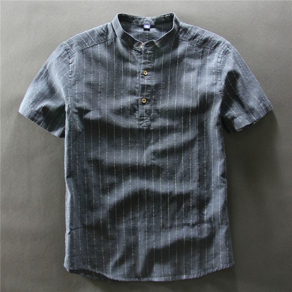 

summer new men's cotton and linen short-sleeved shirt japanese small stand collar pullover breathable striped shirt, White;black