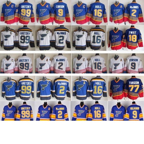 

st louis blues jerseys ice hockey vintage 16 brett hull 99 wayne gretzky 2 al macinnis 9 shayne corson 9 doug gilmour, Black;red