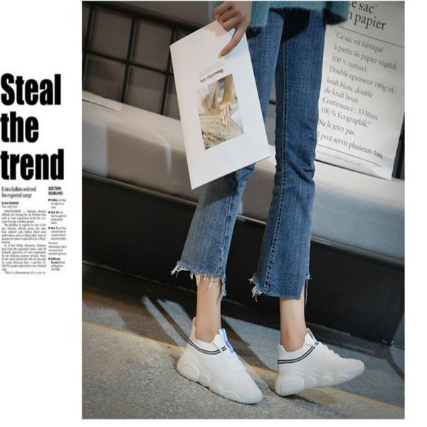 

2019 summer army yellow flying woven breathable mesh sneakers with sponge cake thick bottom casual tide women's shoes white shoes, Black