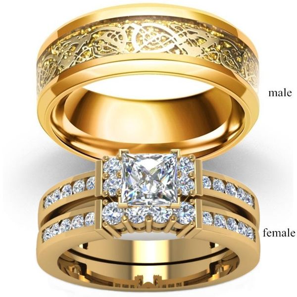 

fashion jewelry couple rings vintage dragon stainless steel men ring romantic zircon ring set bridal engagement gift, Slivery;golden