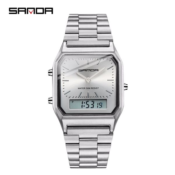 

sanda watch men quartz watches mens stainless steel sports watches waterproof dual display luxury men's watch wristwatch clock, Slivery;brown