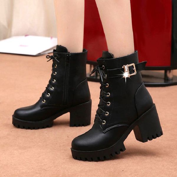 

women boots 2019 ankle boots for women high heels lace-up women's booties for new platform winter shoes, Black
