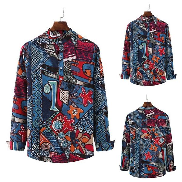 

sincere recruit men's wear self-cultivation leisure time flax long sleeve shirt will code flower shirt male, White;black