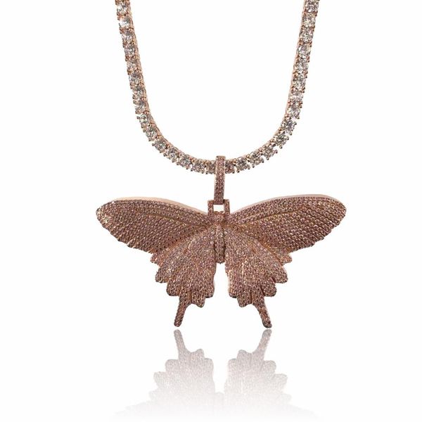 

iced out rose gold butterfly pendant bling bling tennis chain, Silver