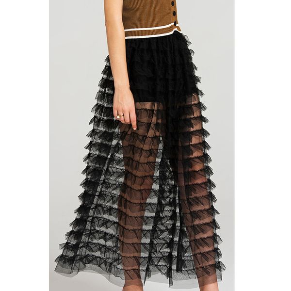 

2019 lace girl summer long lace skirt women black mesh voile casual skirts low waist bohemian transparent maxi wear