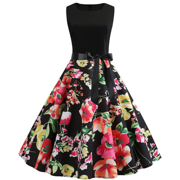 

summer dress 2019 women vintage 1950s retro sleeveless o neck print evening party prom swing dress vestidos robe femme, Black;gray