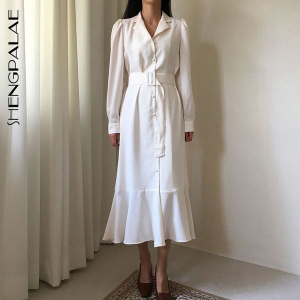

shengpalae 2019 new fashion autumn lapel with belt solid single breasted fishtail dress women loose casual slim vestidos fv119, Black;gray