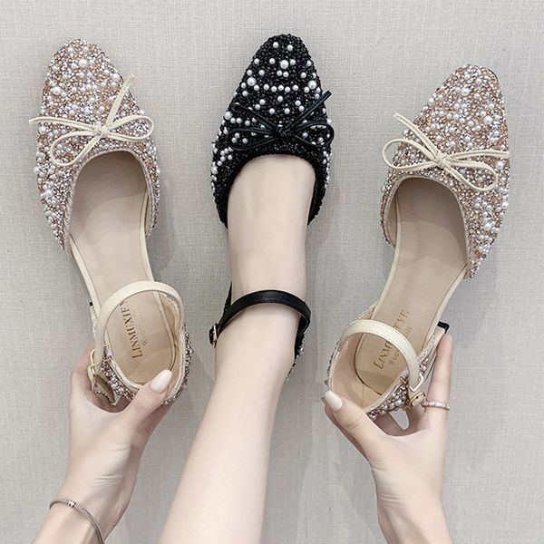 

shoes on heels all-match bow-knot casual female sneakers shose women 2020 fashion women's elegant pearl decorateion round toe, Black