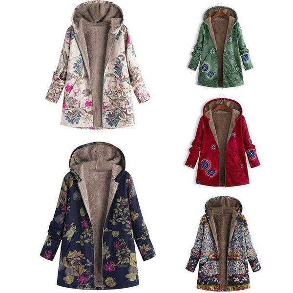 

warm fleece floral winter hooded women coat jacket outwear lined parka, Black