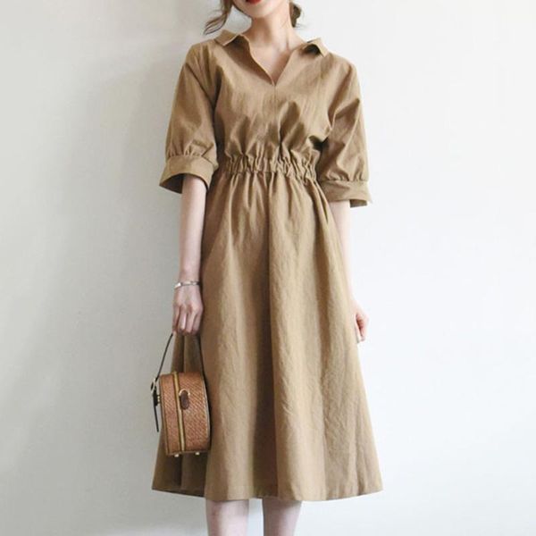 

корейский janpanese 2020 summer turn down воротник высокой талия midi платье повседневной линия офис леди работа платье vestiods, White;black