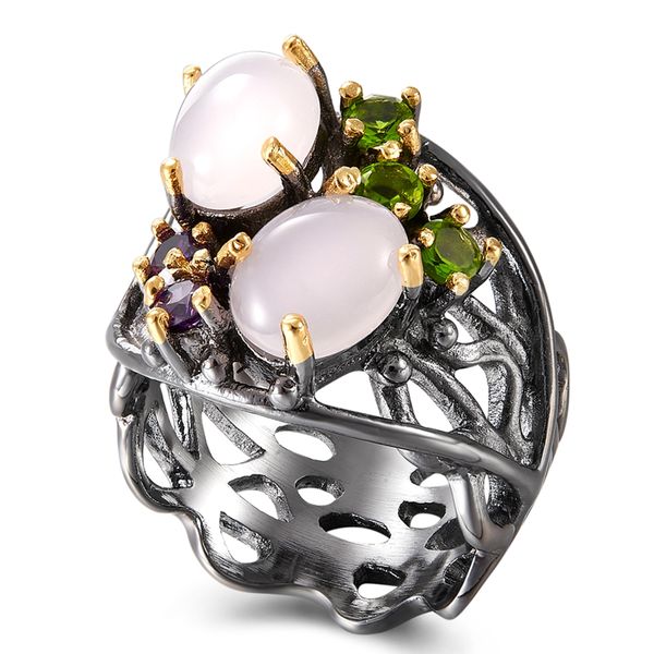 

hollow design oval pink opal stone ring trendy gun black jewellery fast delivery women brass jewelry rings, Golden;silver