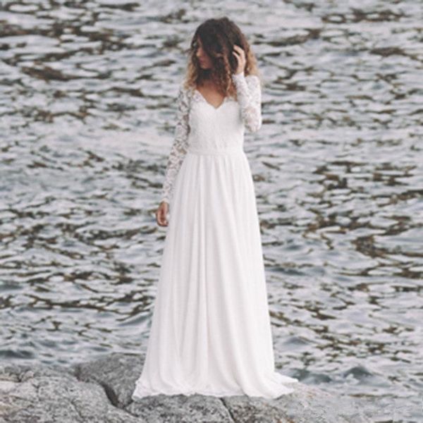 

boho long sleeve beach wedding dresses 2019 new selling custom vestido de noiva court train a-line backless chiffon bridal gowns w1035, White