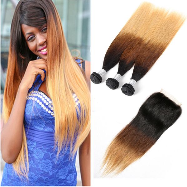 

peruvian vrgin hair extensions 1b/4/27 silky straight human hair bundles with 4x4 lace closure 1b 4 27 hair products 10-30inch, Black;brown