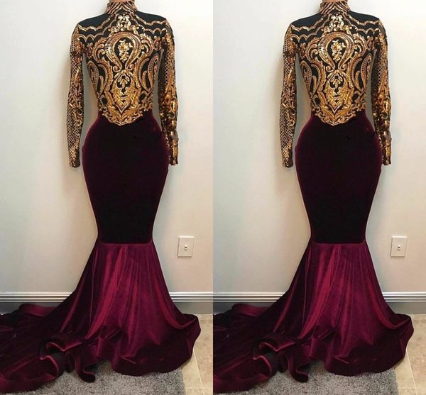 

2019 vintage mermaid evening dresses with long sleeve gold 3d applique velvet high neck formal dress special occasion dresses evening gowns, Black;red