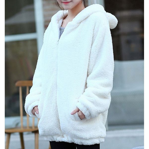 

women fashion solid color cute cartoon furry coat with ears tail hoodie
