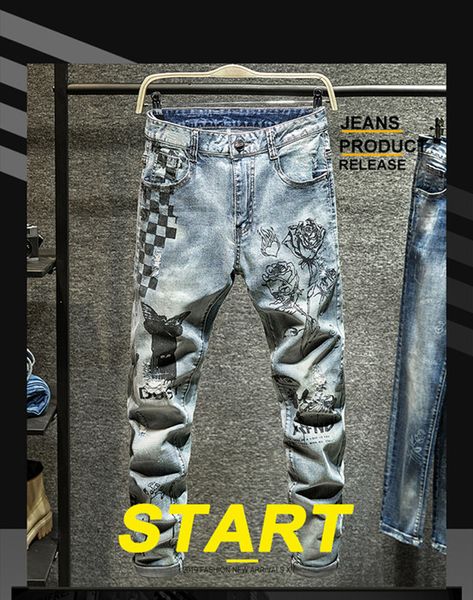 

мода новые мужские джинсы мода дизайнерские прямые мотоцикл причинная denim брюки street style одежда молодёжная личность граффити штаны, Blue