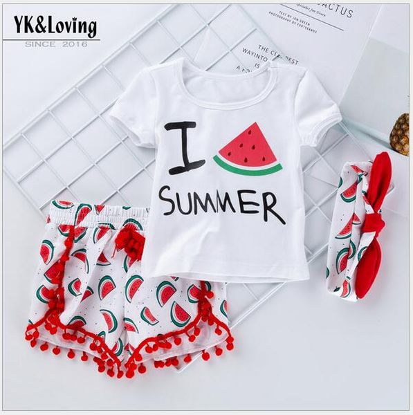 

kids clothes 2020 summer new baby designer girl beach short-sleeved t-shirt watermelon shorts hairband kids three-piece, White