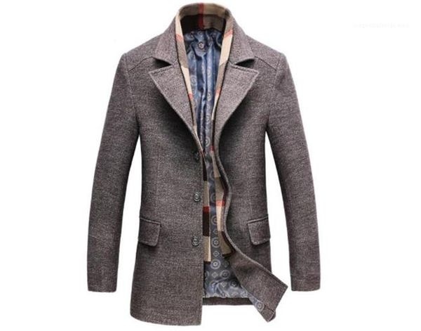 

casual apparel mens winter designer wool lapel neck long sleeve solid color fashion homme clothing scarf detachable, Black