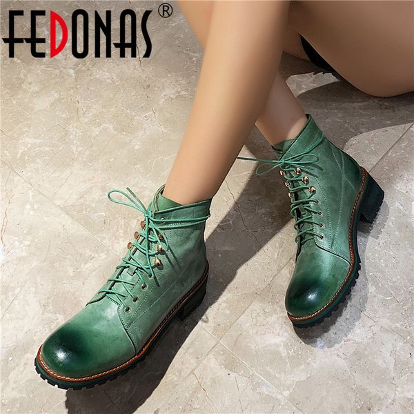 

fedonas winter classic boots quality genuine leather women ankle boots lace up high heels punk short office shoes woman, Black