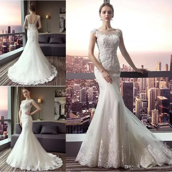 

vintage lace бусы русалка свадебные платья jewel шеи без рукавов 2019 с backless свадебные длинным шлейфом свадебные платья, White
