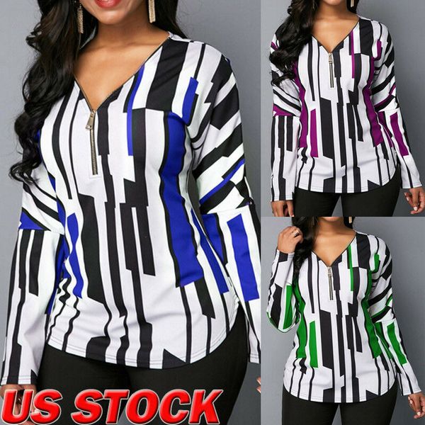 

women's casual irregular striped printed slim v neck zipper long sleeve blouse loose tunic t-shirt plus size usa, White