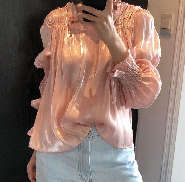 

women vintage blouse long sleeve shining ruched shirt 2020, White