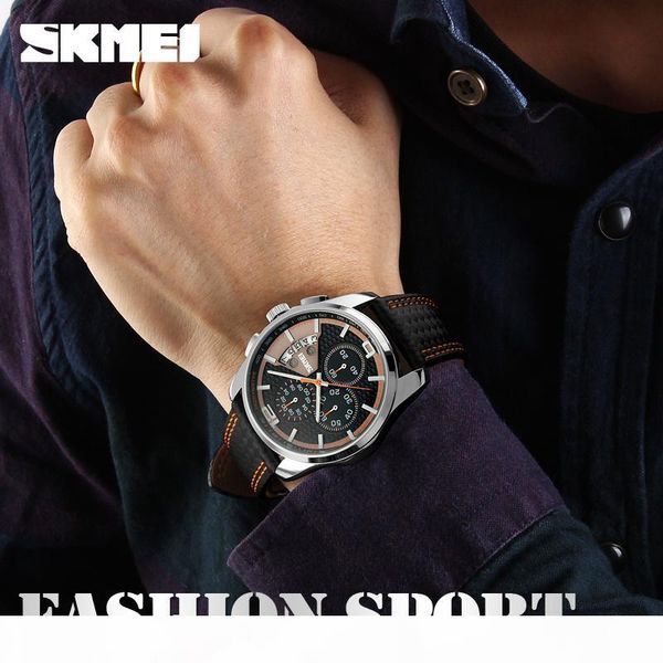 

skmei men chronograph watch sport watch leather quartz-watch waterproof clock date men's wristwatch relogio masculino 9106, Slivery;brown