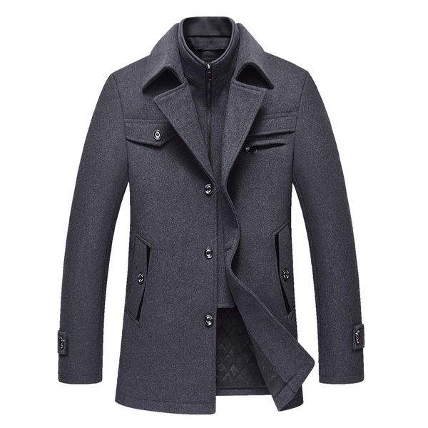 

double collar wool tweed coat men's coat long plus cotton padded men's grey tweed wine red grey, Black
