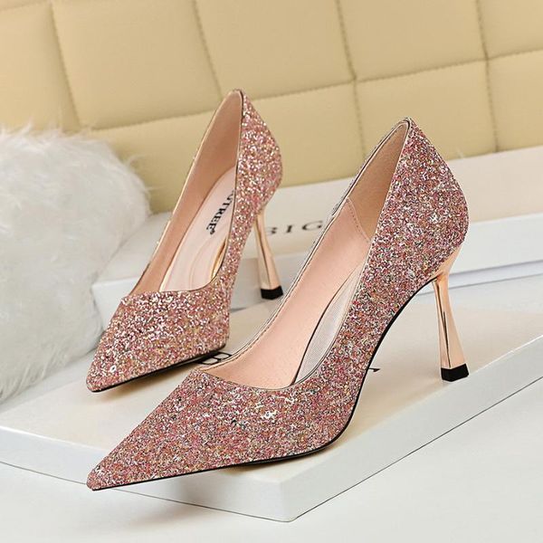 

8cm high heels shoes women glitter bling pointed toe pumps shallow wedding pump fashion slip on slides zapatos mujer gold silver, Black