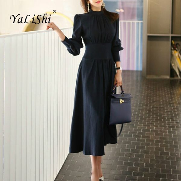 

solid spring a-line dress 2019 женщины плюс размер темно-синий полный стенд рукавом до лодыжки повседневная офисное платье элегантные рабочи, Black;gray