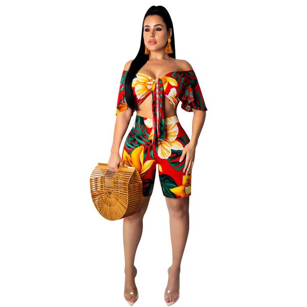 

women two piece sets printed slash neck short sleeve corp and high waist short pants summer beach clothes outfits, White