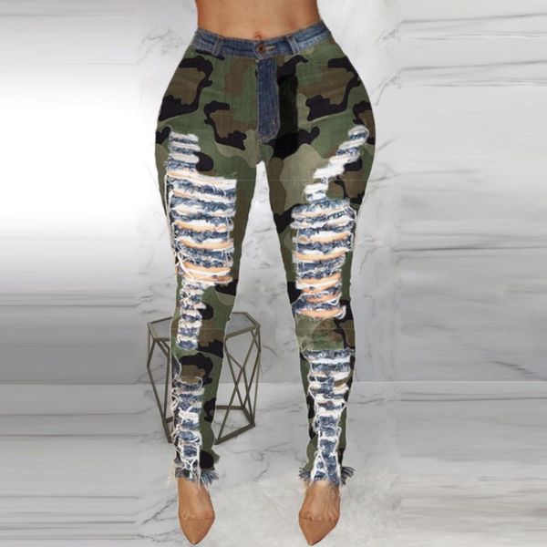 

womens camouflage print hole button zipper pocket skinny jeans woman ripped plus size casual denim tight pants jeansy damskie#g2, Blue