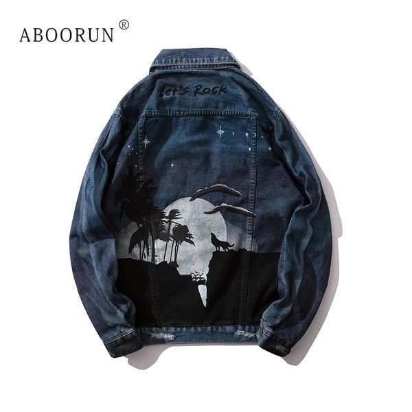 

aboorun dark night scene printed denim jackets men's rock ripped denim jackets hip hop coat streetwear for male, Black;brown