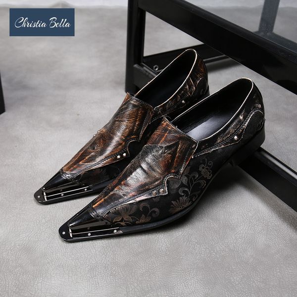 

christia bella new fashion rivet genuine leather men business shoes plus size slip on metal pointed toe formal dress shoes, Black