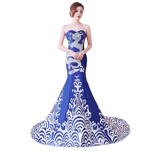 Sexy Mermaid Trailing Cheongsam donne Oriental party Dress Stile cinese Blu e bianco modello di porcellana Qipao Vestidos