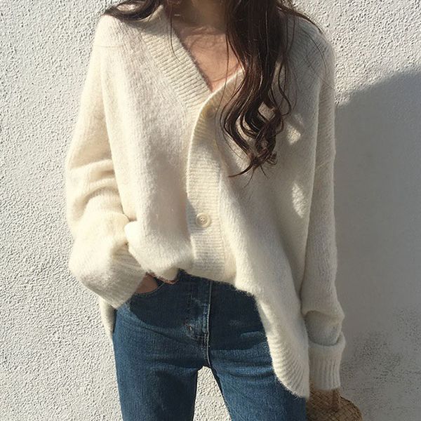 

2019 women autumn cardigan mohair breasted buttons knitted female outwear sweater solid long sleeve high quality, White