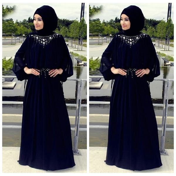 

2019 modest long sleeves chiffon a-line prom dresses beaded crystal sweep train women maxi evening party gowns custom vestidos de soiree, Black