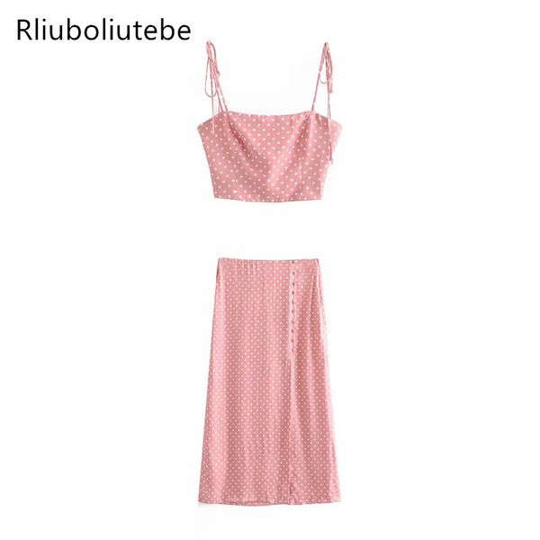 

summer women polka dot two piece sets sleeveless crop blouse beach two piece set long polka dot skirt slit short top, White