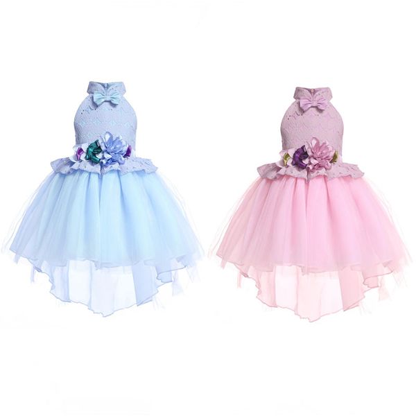 

sleeveless lace flower bowknot kids girls gauze dress sweet princess draped asymmetrical crew neck wedding party birthday dress, Red;yellow
