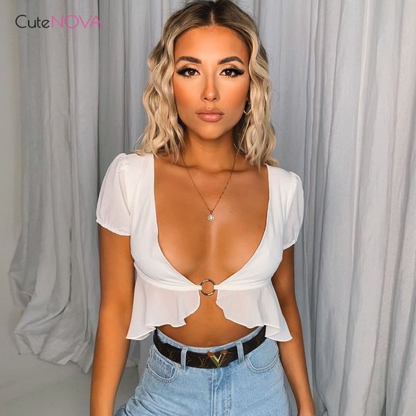 

cutenova ruffle single button t-shirt short sleeve 2020 summer women's fashion deep v-neck short back solid streetwear, White