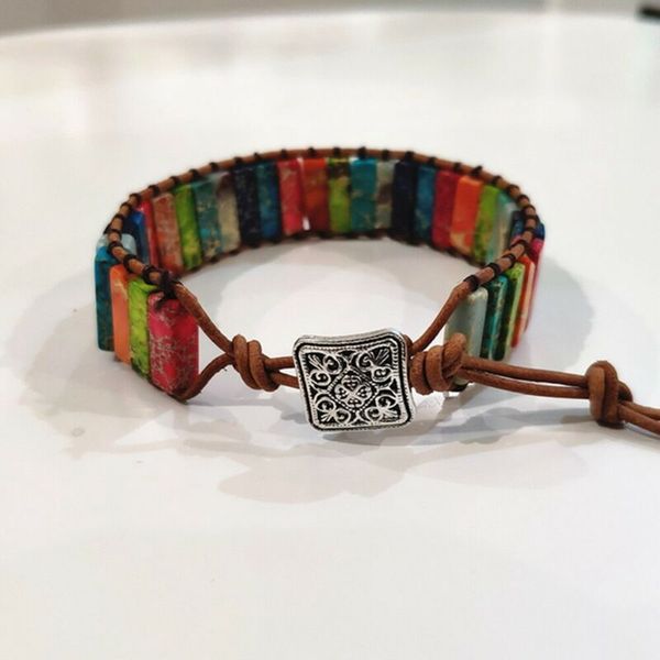 

chakra bracelet jewelry handmade multi color natural stone tube beads leather wrap bracelet couples bracelets creative gifts, Black