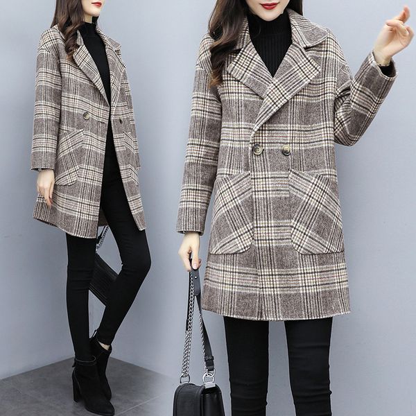 

women winter korean style gray long plaid tweed trench coat 2020 ladies fashion wool blend windbreaker clothes plus size 4xl, Black