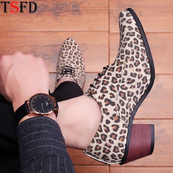 

fashion men's sneakers men shoes formal business shoe man leather pointed shoes 2020 wild leopard print thick bottom heels y11, Black