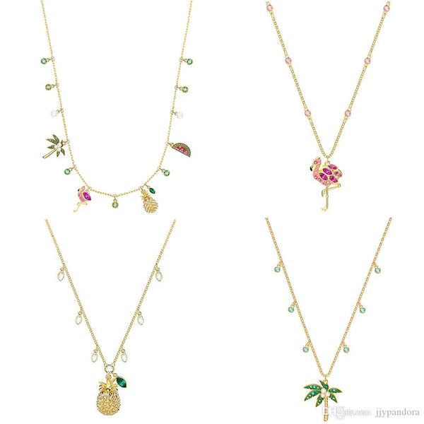

fahmi lime charms tropical style watermelon palm tree pineapple clavicle chain trend flamingo pendant necklace jewelry gold plated, Black