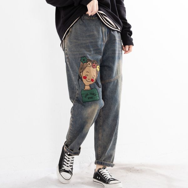 

autumn jeans women retro elastic waist loose denim pants werainyee 2019 new ladies patchwork bleached casual all-match trousers, Blue