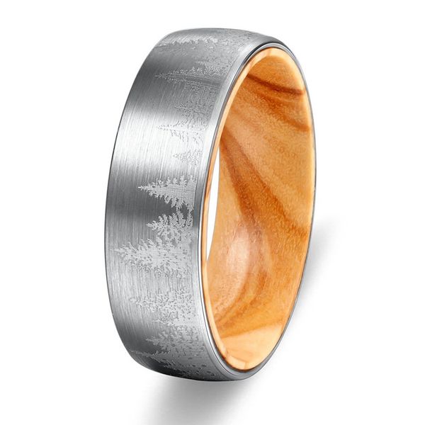 

carvort 8mm tungsten ring lased forest landscape mens brushed wedding band with oliver wood sleeve, Golden;silver