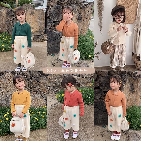 

2019 autumn new baby girls cute solid color knit sweater coat children small lapel fashion long sleeve coat kids clothing, Blue;gray
