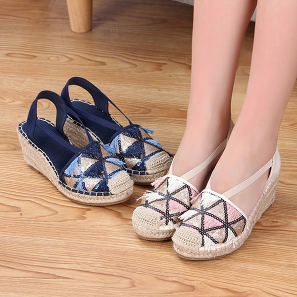 

elastic band 4-style knitted wedges high heels sandals women lace gold embroider cover toe sandalias fringe paillette shoes, Black