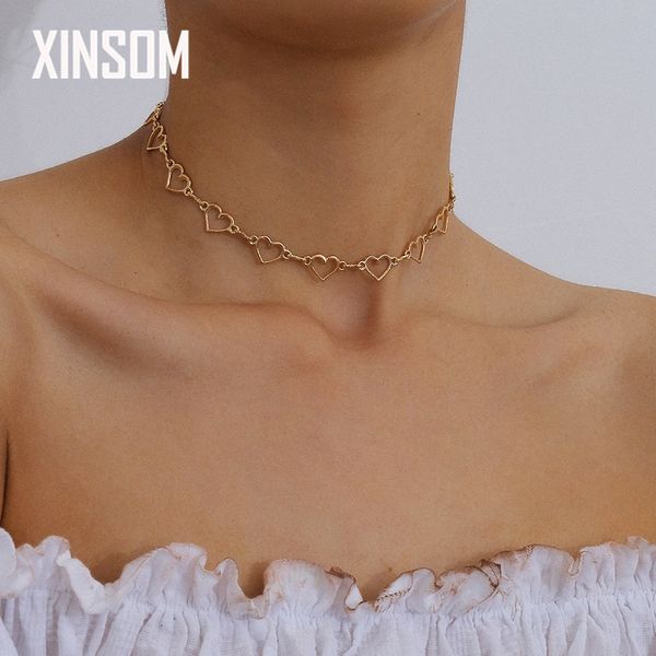 

xinsom sweet love heart choker necklace for women gold silver color short chain statement necklace fashion jewelry gift xs061, Golden;silver
