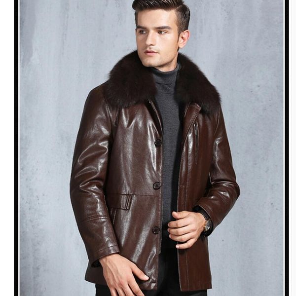 

leather jecket men clothing genuine leather fur coats fur one coat daddy middle-aged plus velvet thick lapels new winter jacket, Black